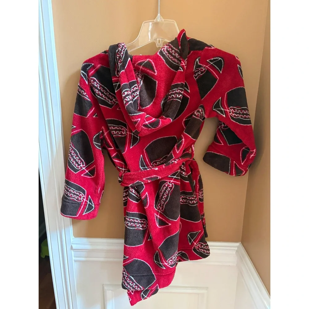 Cherokee Boys Red Football Fleece Hooded Bathrobe Robe Size S 6/7